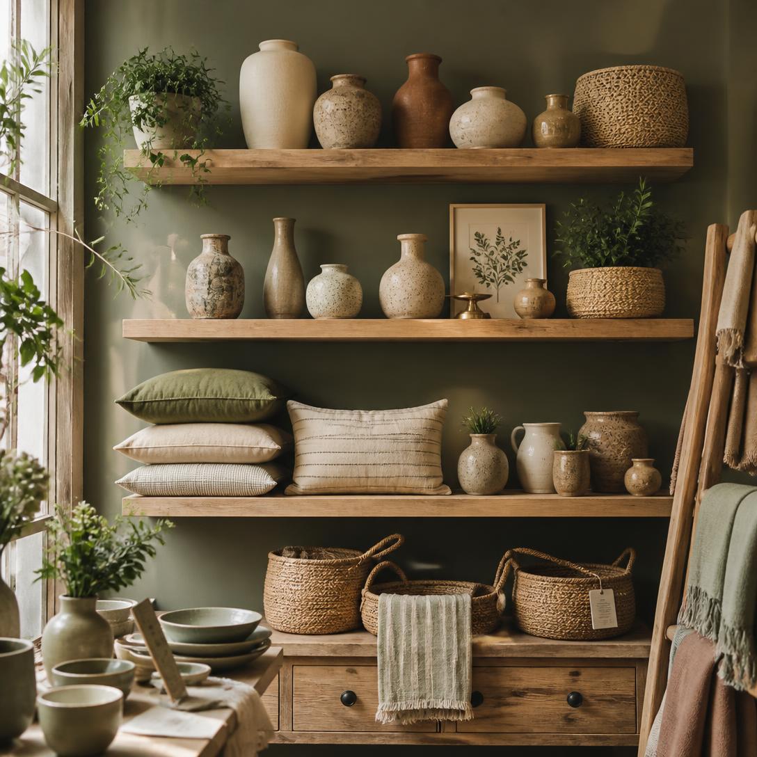 Butikshyllor med keramik, kuddar och korgar i mjuka jordtoner och mossgrönt
